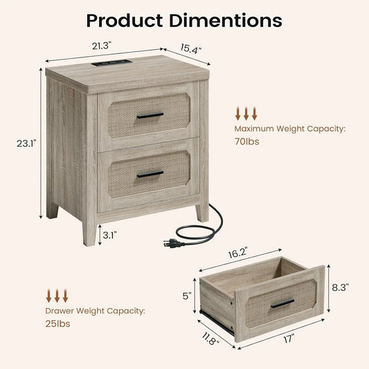 2 Pack 22in Rattan Nightstands Charging Station 2 Storage Drawers Metal Handle Bedroom Bedside Table, Customized