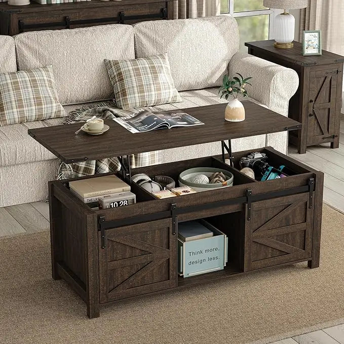 47.3-inch Farmhouse-style Coffee Table with Sliding Barn Door, Modern Wooden Height-adjustable Coffee Table,Customizable