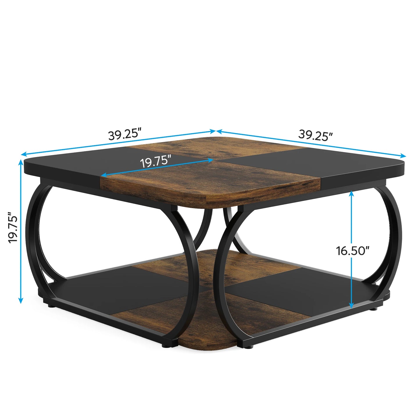 Square Coffee Table with 2 Tiers, 40 inches Low Farmhouse Coffee Table with Wood Storage Shelf Heavy Duty Metal Curve