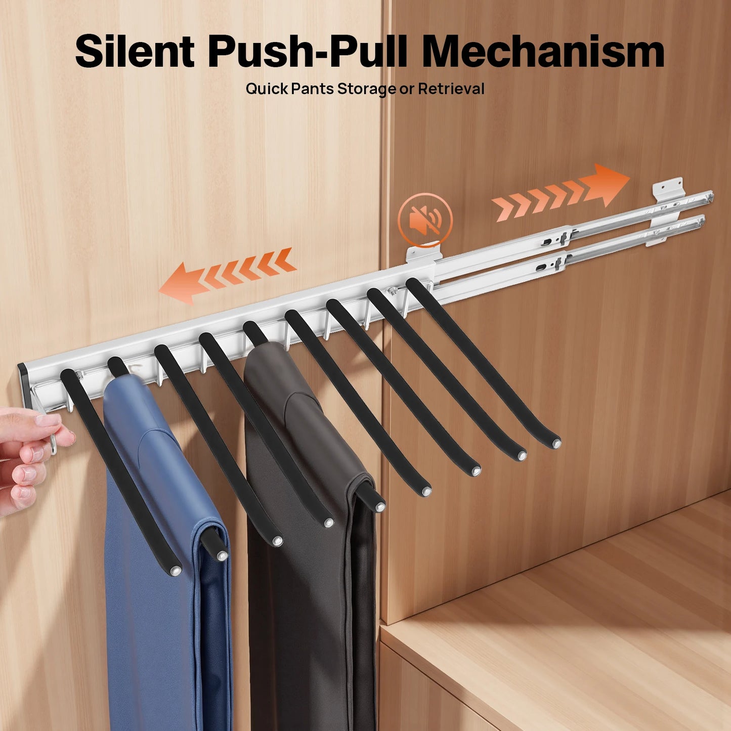 9-Rod Wall Mount Pants Rack 16kg Load Silent Push-Pull Slide Flocking Coating for Pants Ties Scarves Closet Organizer