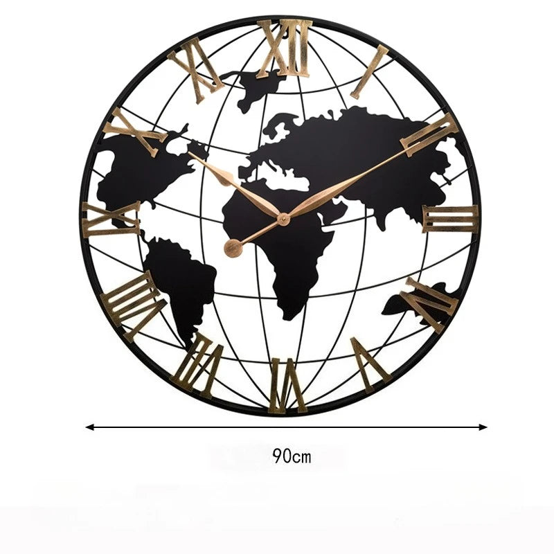 60/75/90cm Large Map Wall Clock Metal Minimalist Clock Round Silent Non-Ticking Battery Operated Wall Clocks for Living Room