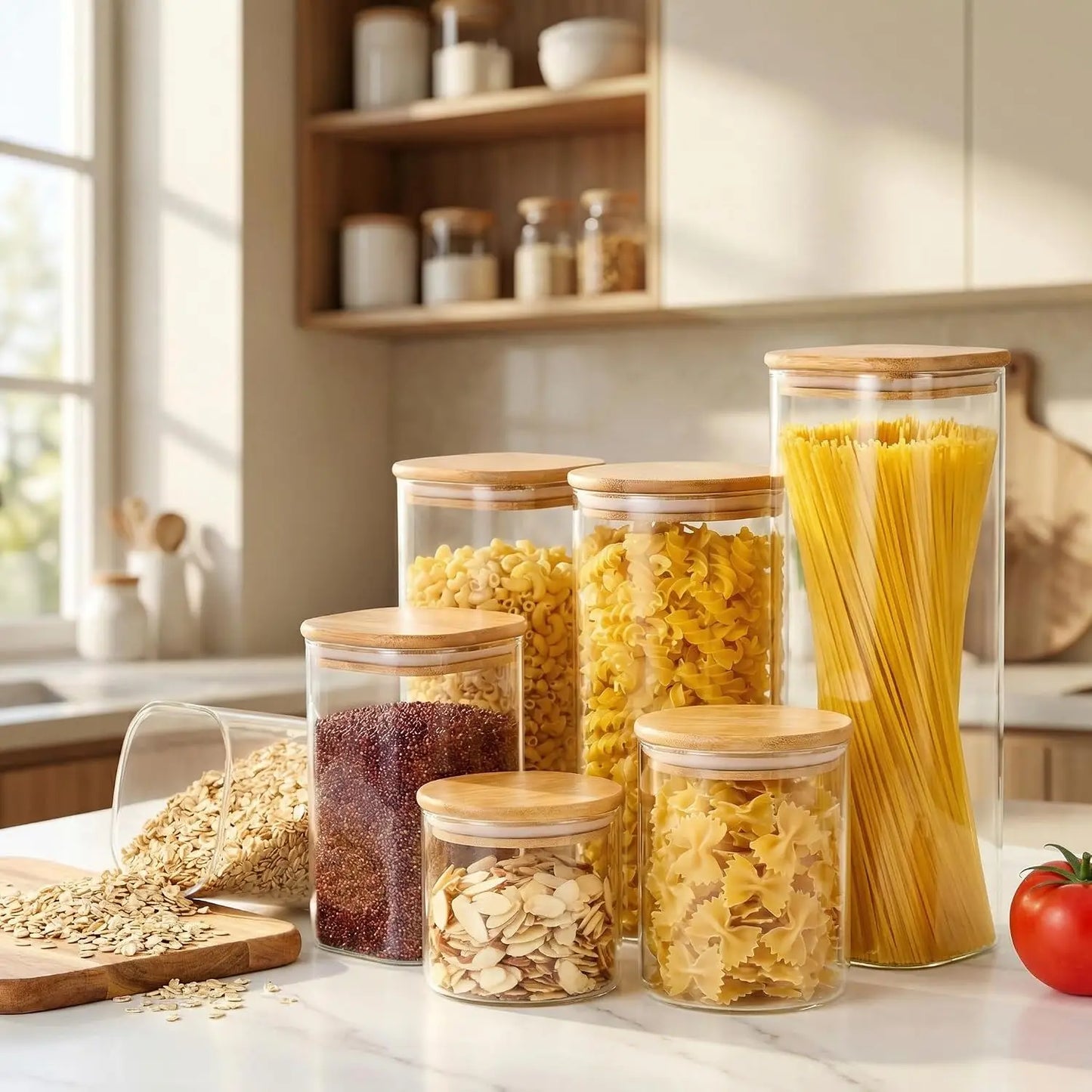 3 Pack Square Glass Jars with Bamboo Lids for Kitchen Pantry Storage Cereal Pasta Rice