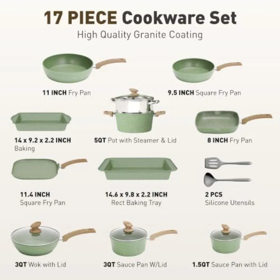 Pots and Pans Set Non Stick, 17 Pcs Induction Kitchen Cookware Sets, Non Toxic Granite Pan Sets for Cooking Nonstick