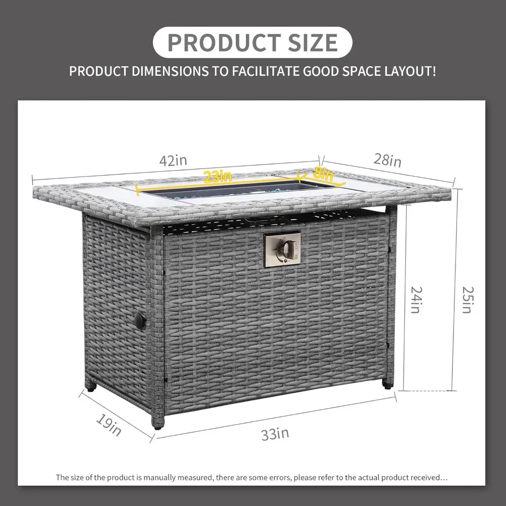 60000 BTU Wicker Gas Fire Pit Outdoor Fire Pit Table 45 Inch for Outside with Woodgrain Marble Tabletop Fire Pit Cover