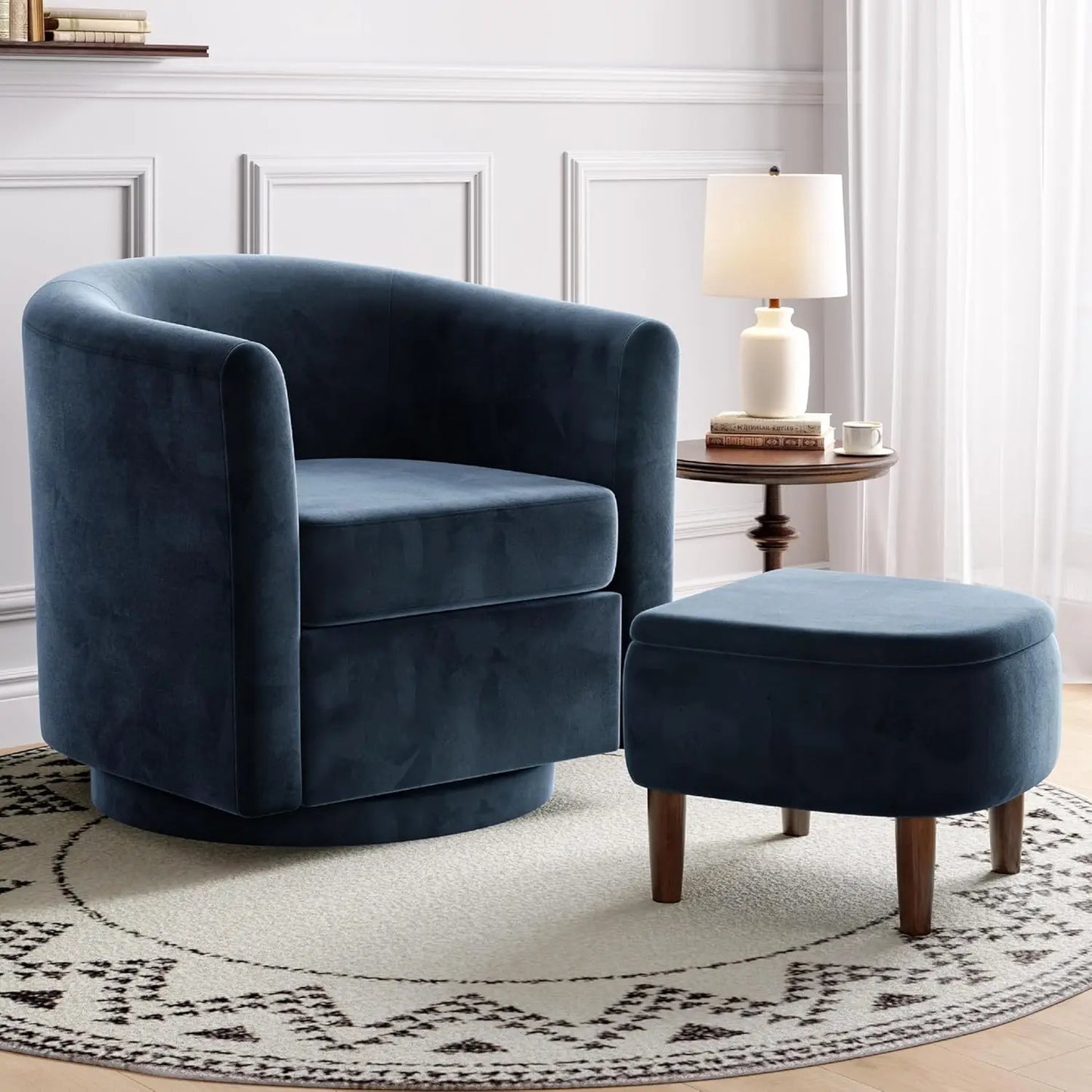 Swivel Accent Chair with Storage Ottoman, Small Modern Velvet Barrel Chair, Upholstered Armchair with Footrest for, Customized