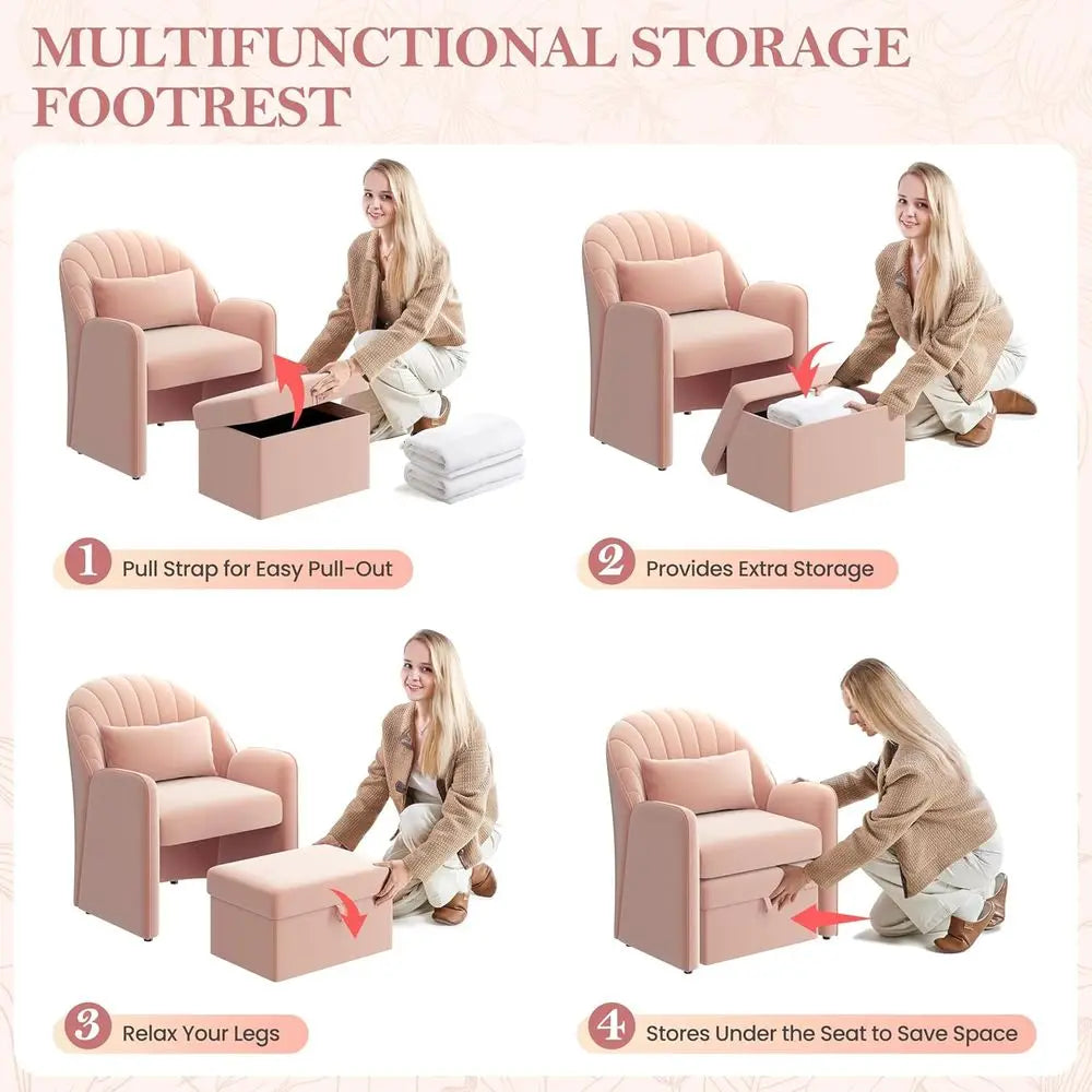 Small Barrel Accent Chair with ootrest Set o 2, Velvet ern Comy Cute Elegant Reading Chairs with Lumbar Pillow Storage Box or Li
