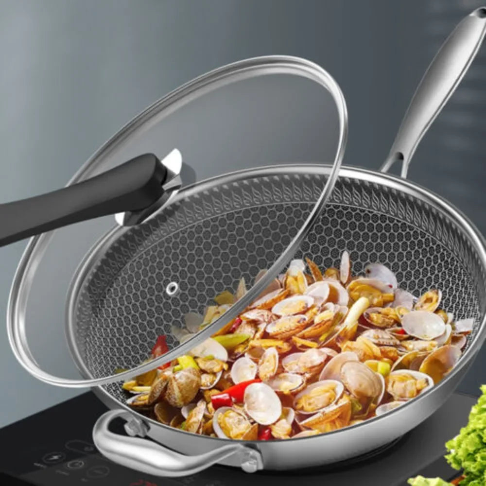 34cm Stainless Steel Cooking Wok Pan - Non-Stick Coated Frying Pan with Tempered Glass Lid - Healthy Fry Pan for Chinese Cooking