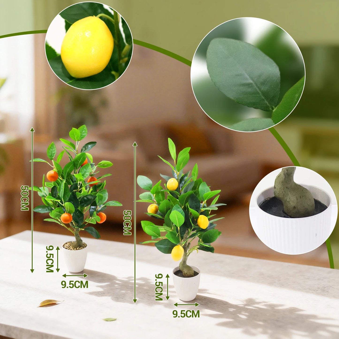 2pcs Artificial Lemon Tree 50cm Fake Orange Tree Faux Plants Citrus Tree with Pot for Home Living Room Table Desk Decoration