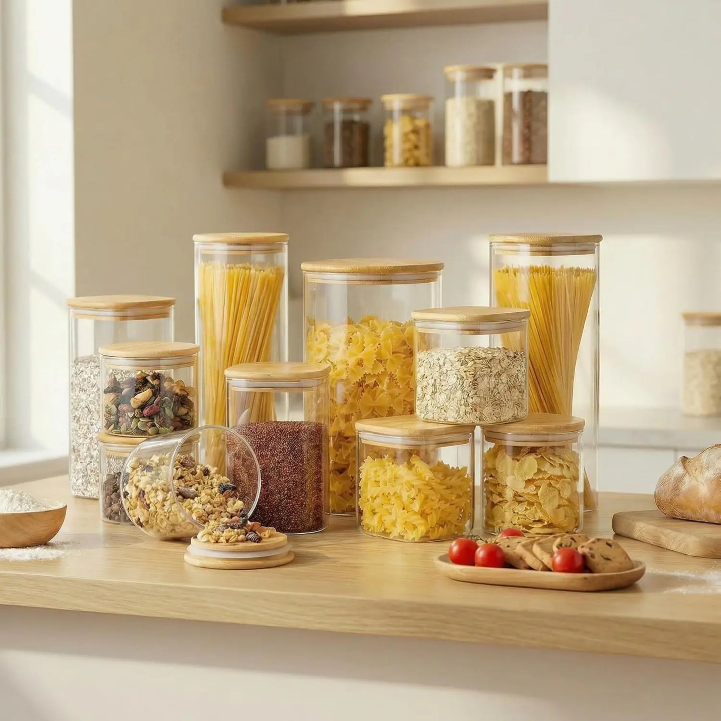 3 Pack Square Glass Jars with Bamboo Lids for Kitchen Pantry Storage Cereal Pasta Rice