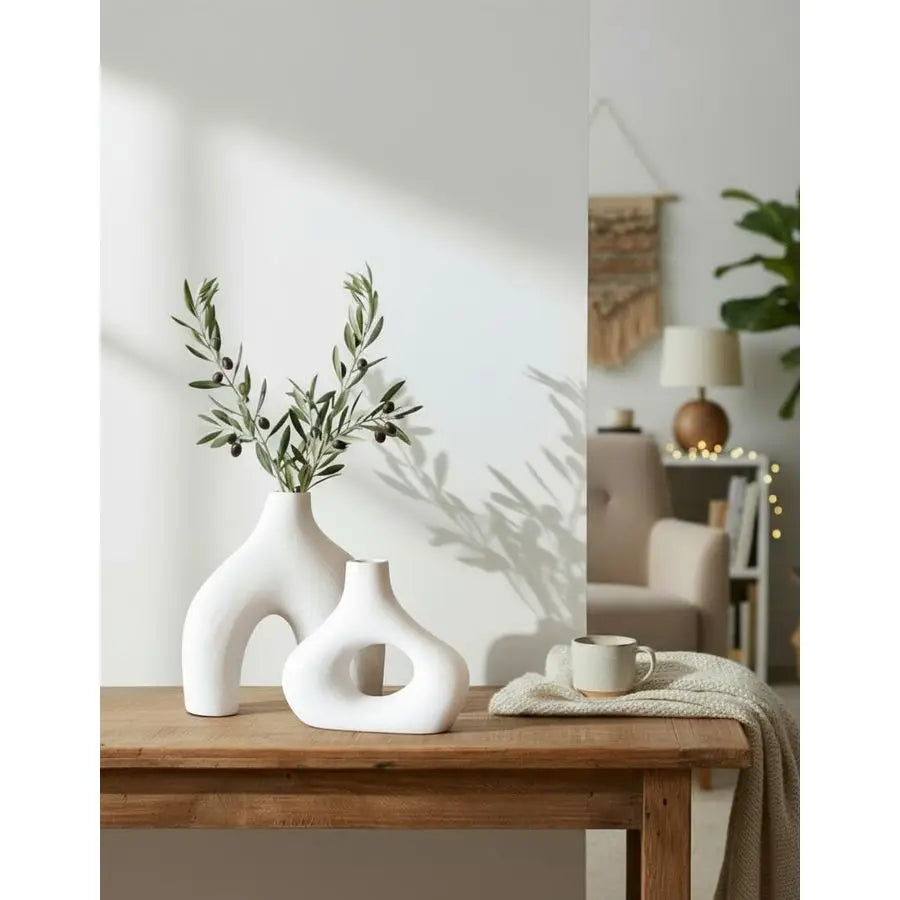Donut Vase, Set of 2 White Large Ceramic Vase Minimalist Nordic, Hollow Table Centerpiece, Olive Plant, Wedding, Living Room