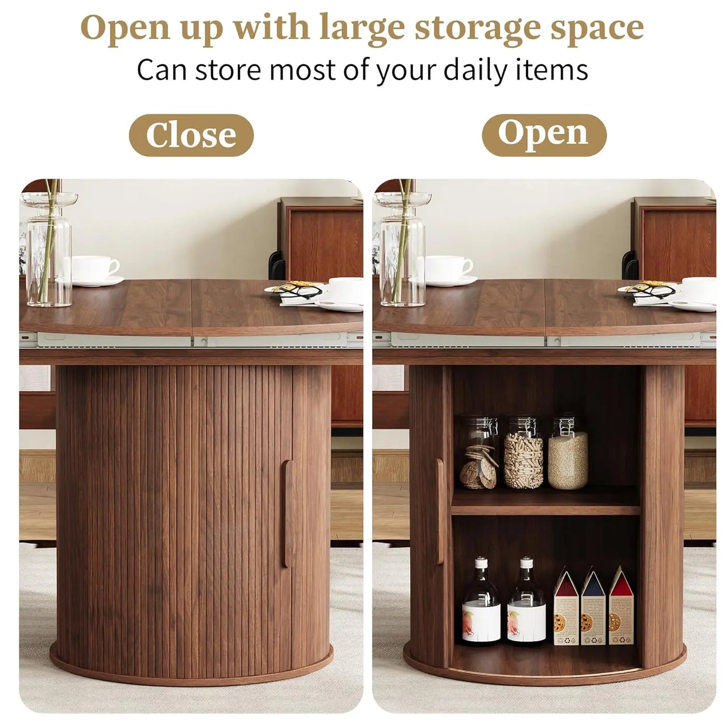 43"-59" Extendable Round to Oval Dining Table with Hidden Storage, Modern Wooden Kitchen Table with Fluted Sliding Door, Custom