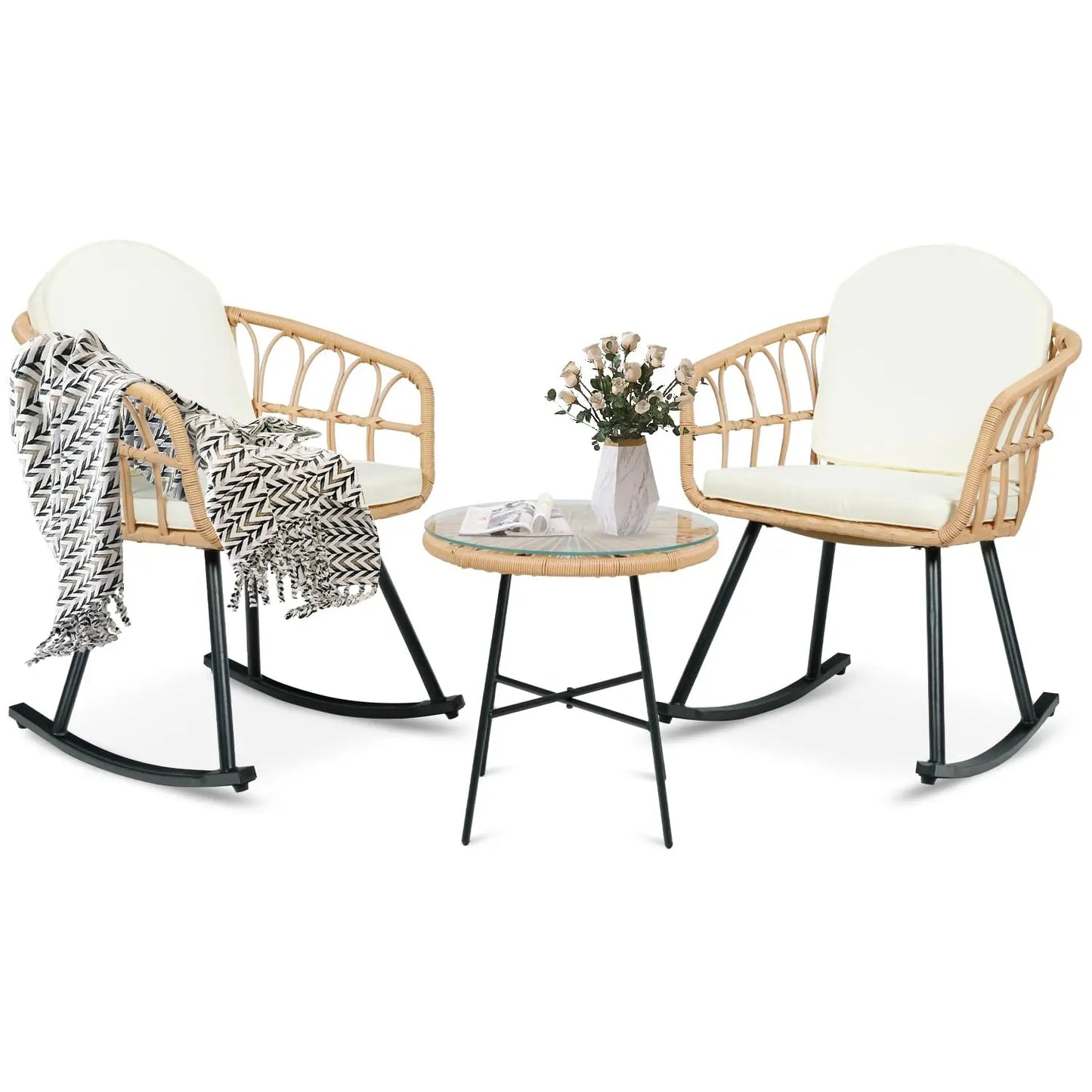 3 Piece Rocking Chair Set Outdoor Wicker Rattan Thickened Cushion Patio Conversation Bistro Balcony Garden, Customized