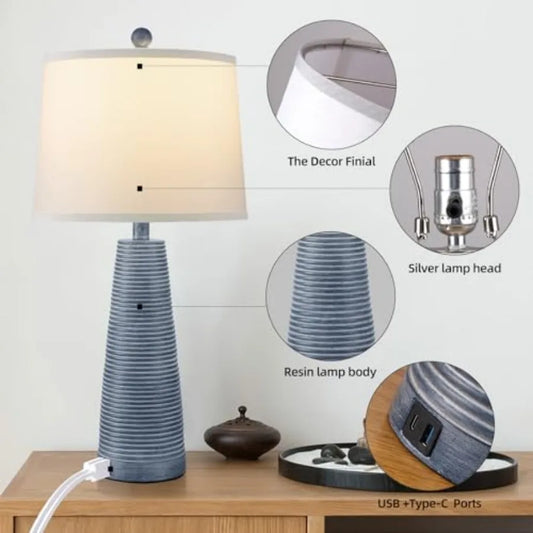 Nightstand Lamp Bedside Lamps Set of 2 Vintage Rustic Farmhouse Table Lamp 3 Way Dimmable Horizontal Stripe Light, Suitable for L