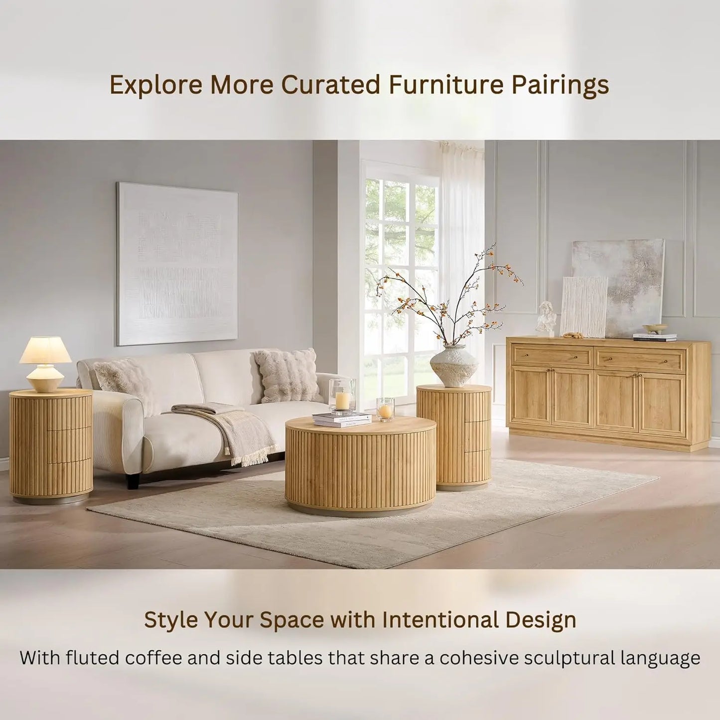 33" Round Coffee Table with Storage, Fluted Drum Coffee Table, Hidden Push-to-Open Drawer, Natural Oak, Custom