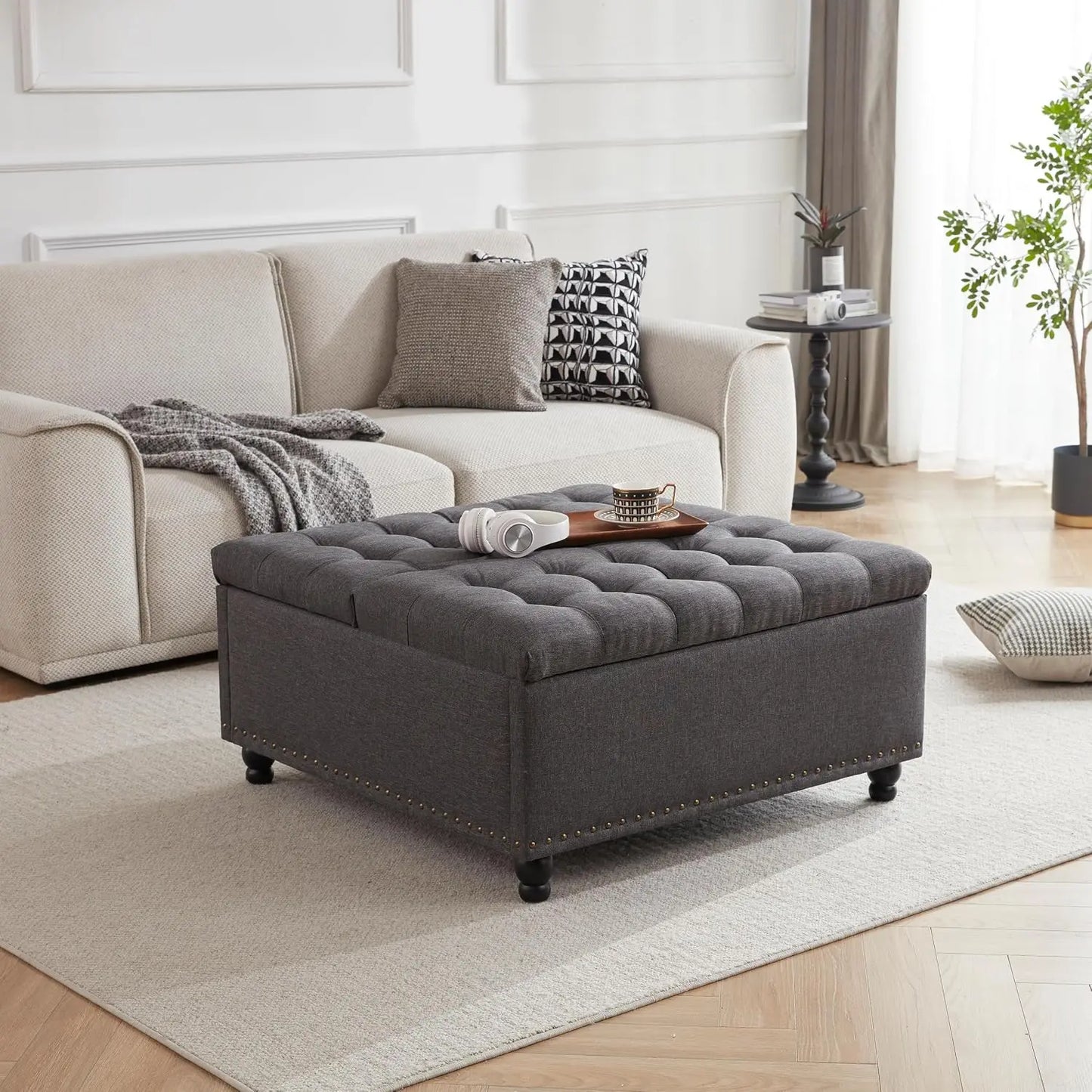 Large Square Storage Ottoman Tufted Upholstered Coffee Table Lift Top Wooden Legs Oversized Toy Box Living Room, Customized