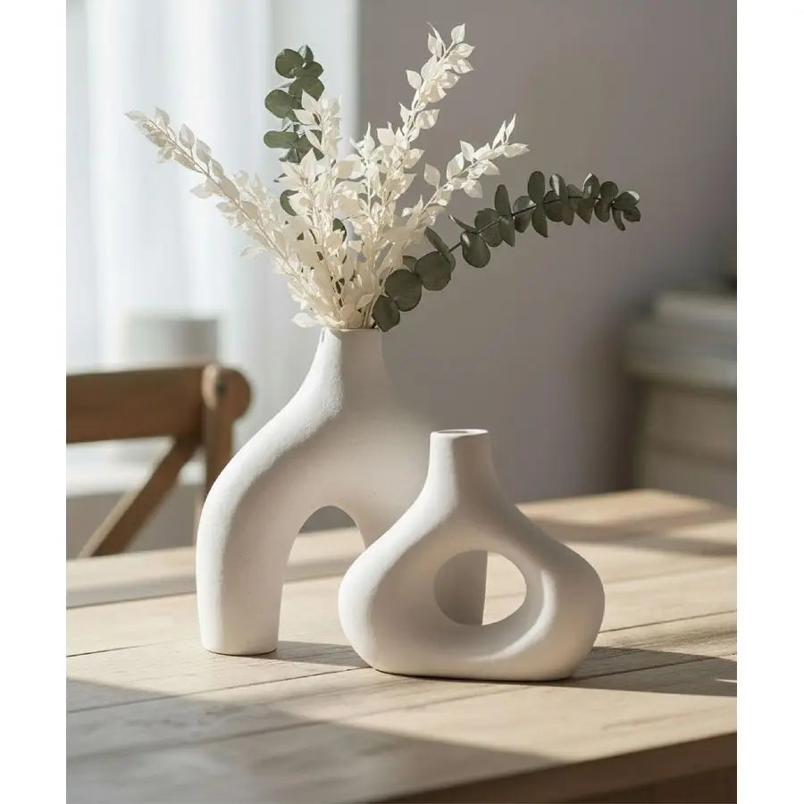 Donut Vase, Set of 2 White Large Ceramic Vase Minimalist Nordic, Hollow Table Centerpiece, Olive Plant, Wedding, Living Room