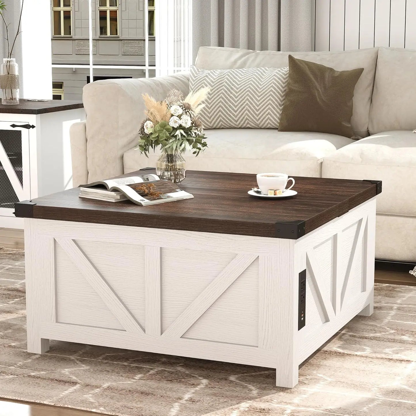 Farmhouse Lift Top Coffee Table with Storage, Wood Square Center Table with Charging Station&USB Port, Living Room, Custom