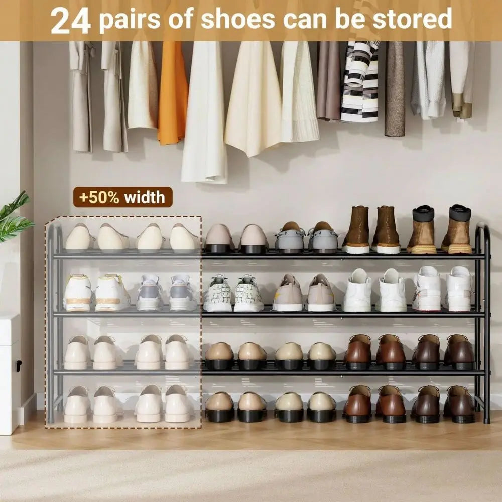 3-Tier Long Shoe Rack For Closet Entryway, Wide Metal Shoe Organizer, Stackable Storage Shelf With Sturdy Wire Grid For Bedroom