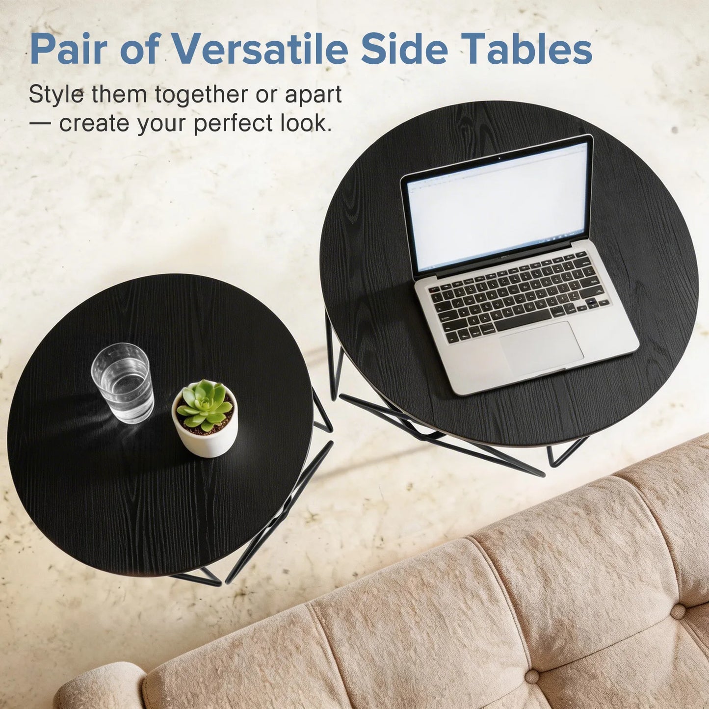 20IN Round Geometric Coffee Table Set of 2 Movable End Tables for Living Room Nesting Side Tables with Hidden Storage