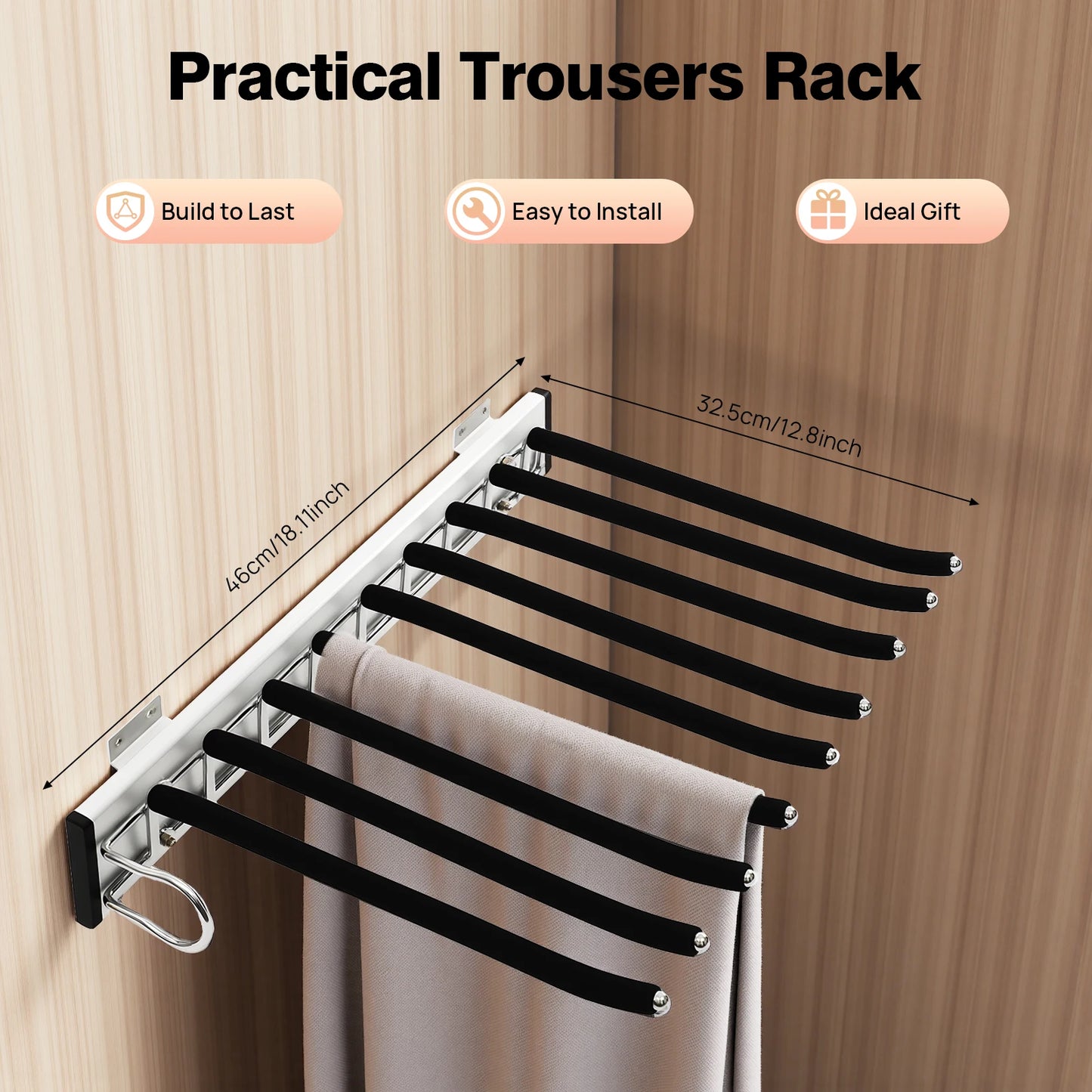 9-Rod Wall Mount Pants Rack 16kg Load Silent Push-Pull Slide Flocking Coating for Pants Ties Scarves Closet Organizer