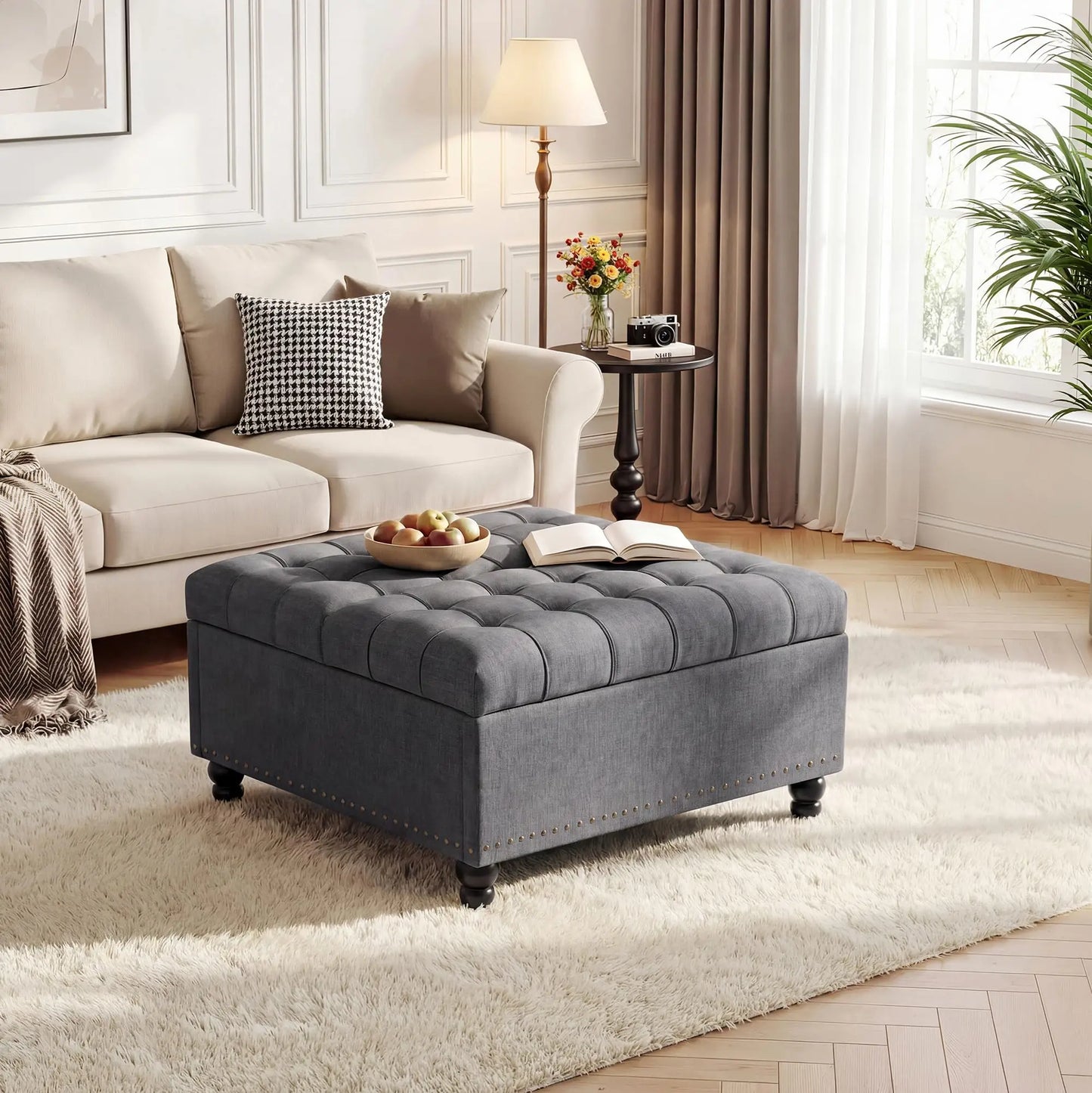 36 Inch Square Lift Top Storage Ottoman, Upholstered Ottoman Bench with 169L Large Hidden Storage Space, Tufted Padded Seat with Wood Legs, Multi-Functional Footrest Coffee Table or Extra Seating, 300LBS Capacity