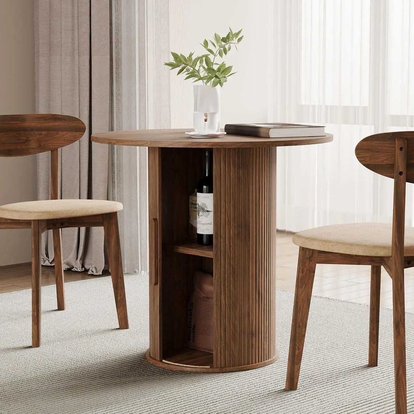 43"-59" Extendable Round to Oval Dining Table with Hidden Storage, Modern Wooden Kitchen Table with Fluted Sliding Door, Custom