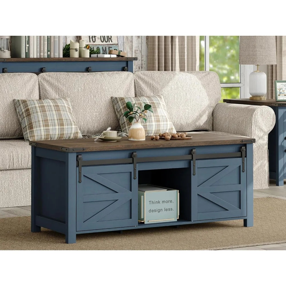 47.3-inch Farmhouse-style Coffee Table with Sliding Barn Door, Modern Wooden Height-adjustable Coffee Table,Customizable