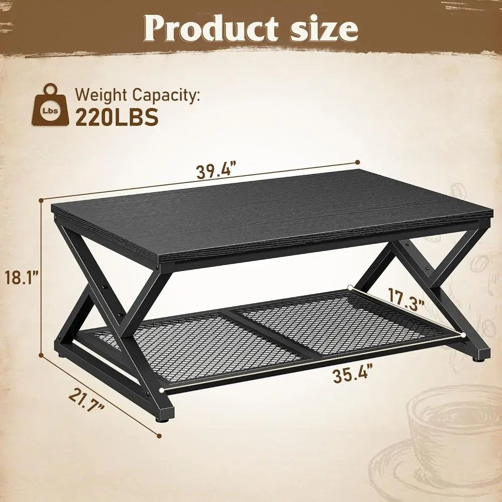 Black Oak 39.4 2-Tier Coffee Table with Storage for Living Room and Bedroom