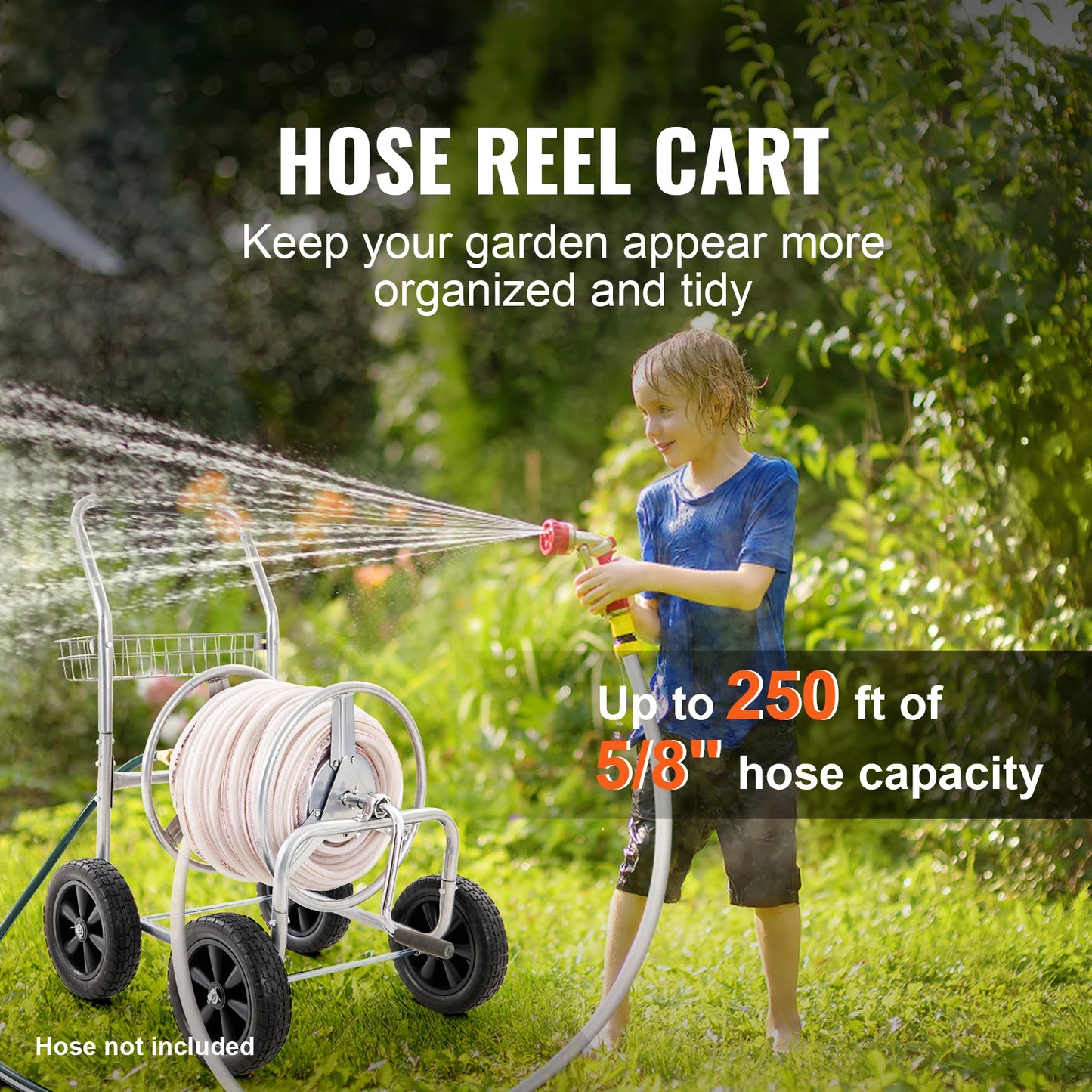 Hose Reel Cart 250ft Heavy Duty Garden Water Yard Planting w/ Basket Effortless Roll-up  Versatile Application Steel