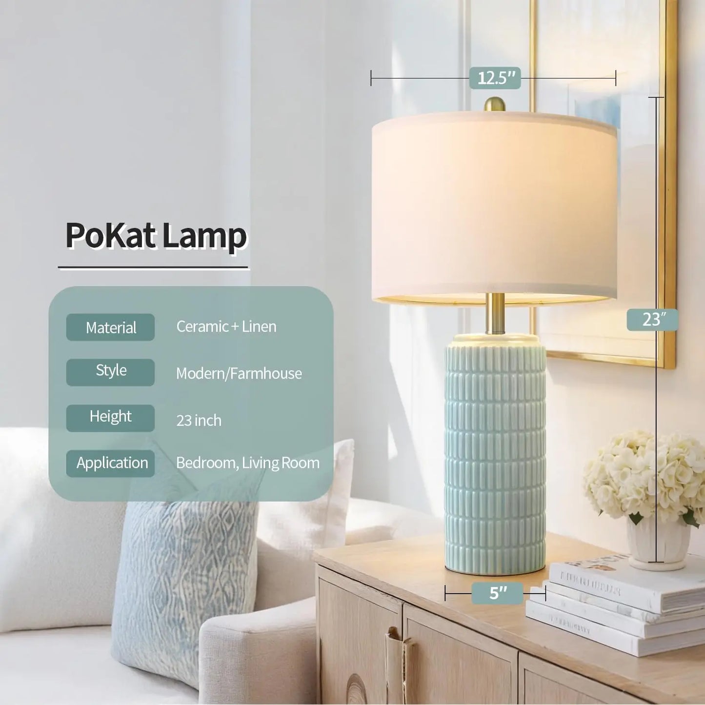 PoKat 23" Light Blue Table Lamps Set of 2, Modern Bedside Lamps for Bedroom, Coastal Ceramic End Table Lamps for Living Room, Oc