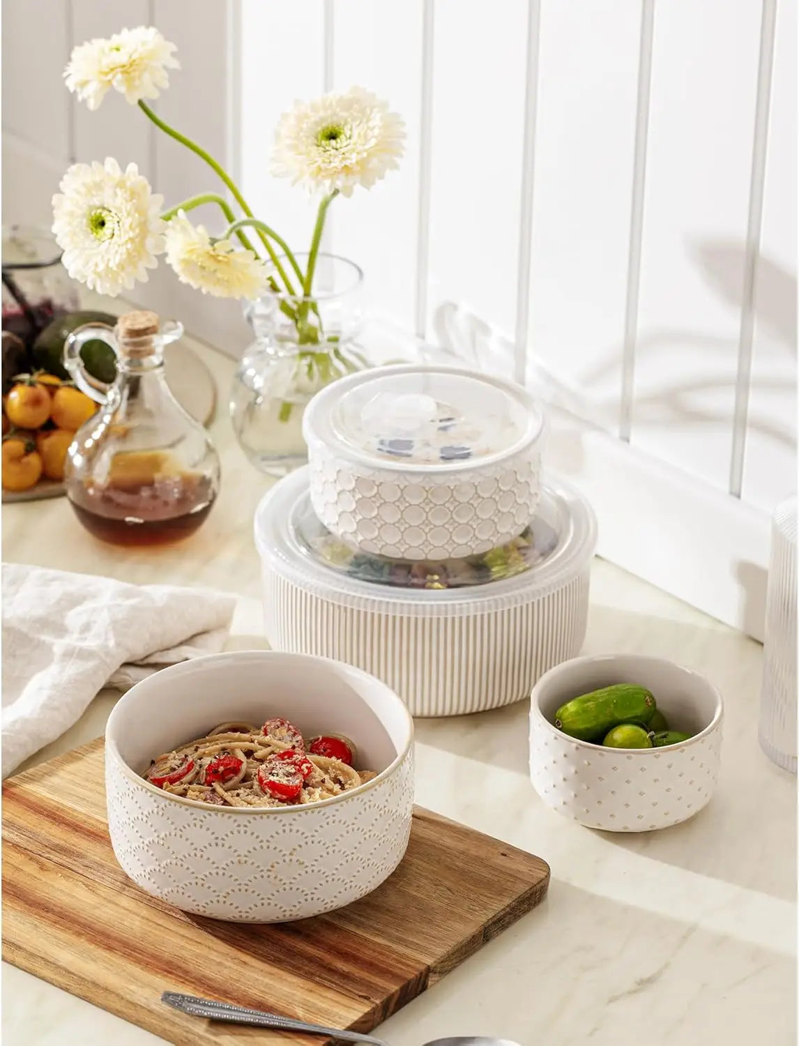 Ceramic Mixing Bowls with Lids Set of 4, Nesting Bowls for Prep & Storage, 10/18/33/50 OZ, Off-White, Microwave & Dishwasher
