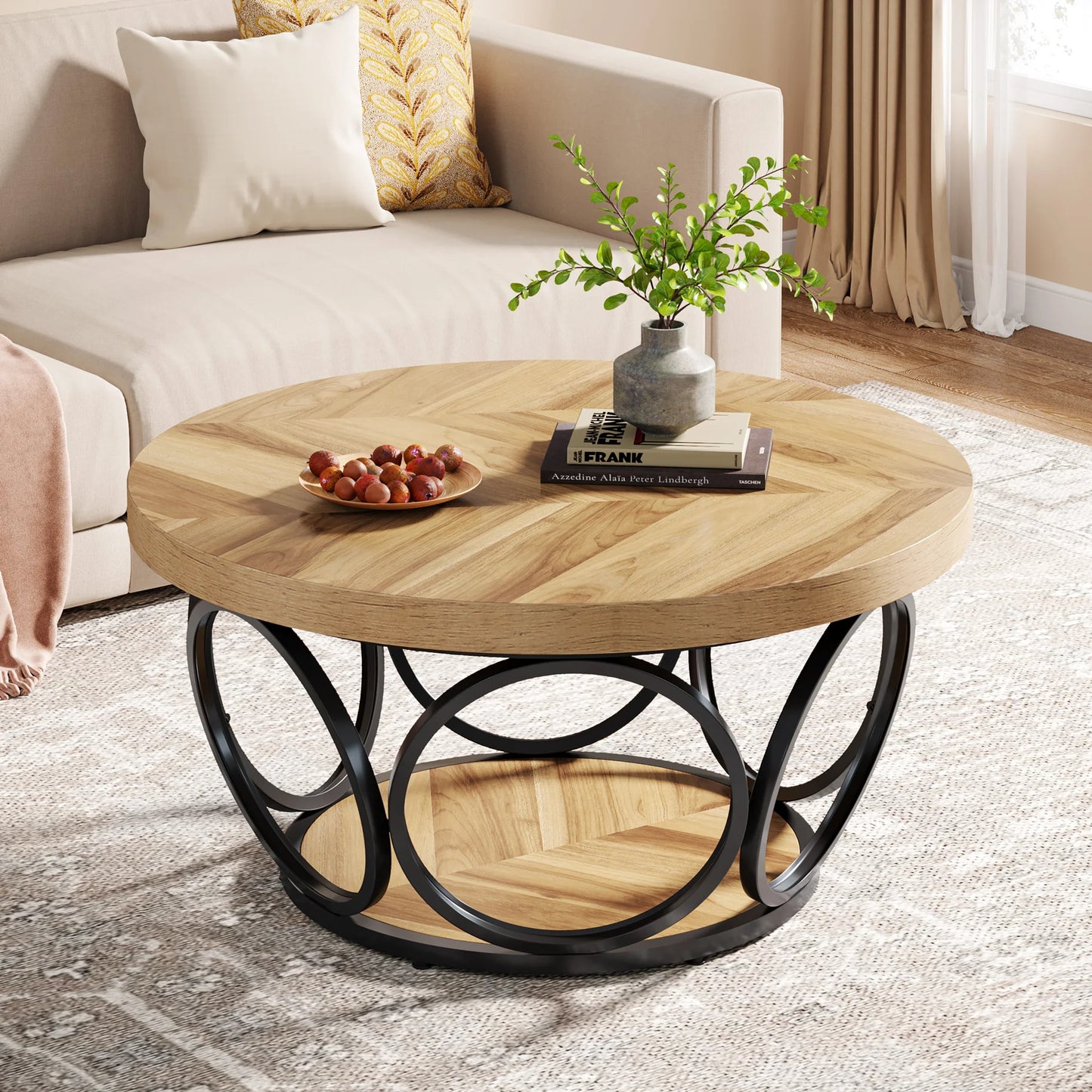 31.7" Round Coffee Table, Industrial 2-Tier Circle Coffee Table with Storage Shelves, Modern Wooden Sofa Side Table
