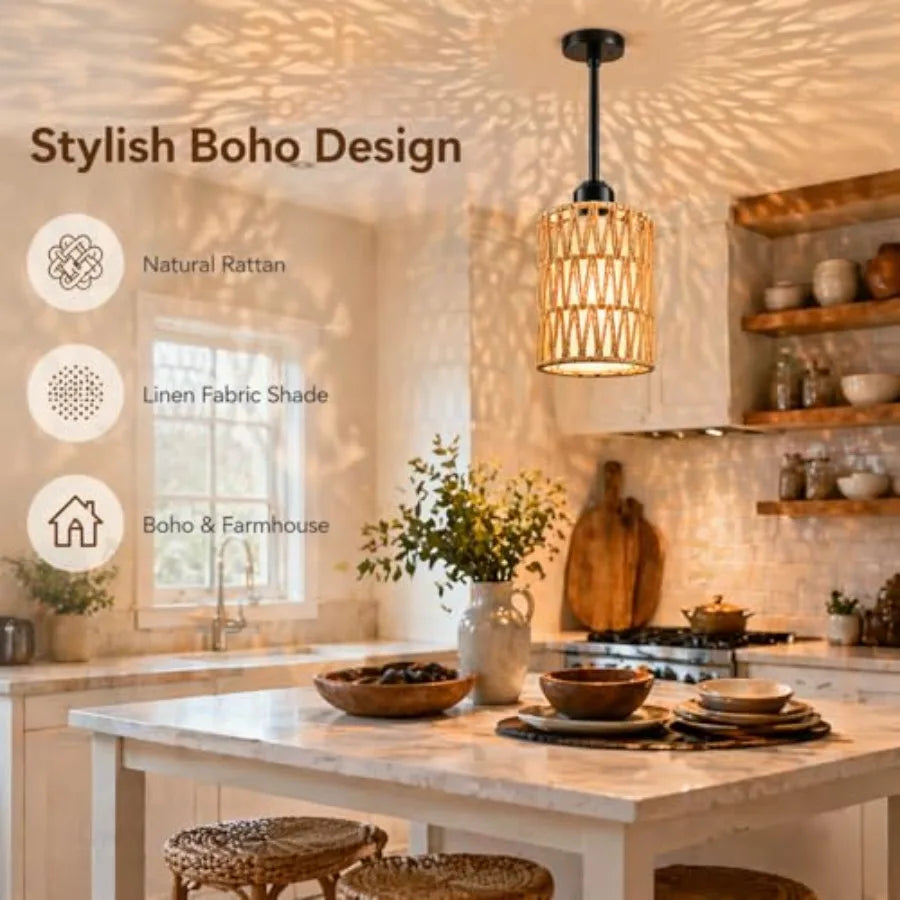 Rattan Pendant Light 6 Inch 2-in-1 Boho Hanging Fixture with Iron Rods and Linen Shade Adjustable Height and Sloped Ceiling Com