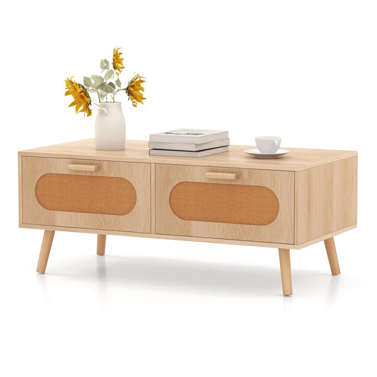 Rattan Coffee Table Mid Century Modern Center Table with 2 Storage Drawers