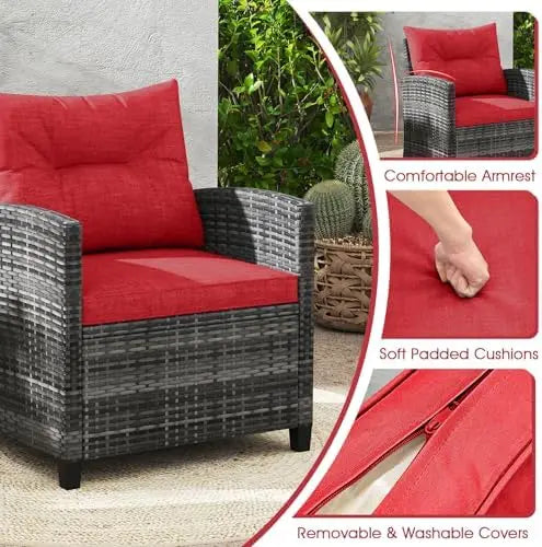 Patio Furniture, 3 Pieces Outdoor Wicker Conversation Set Chairs with Soft Cushions and Glass Coffee Table, Rattan