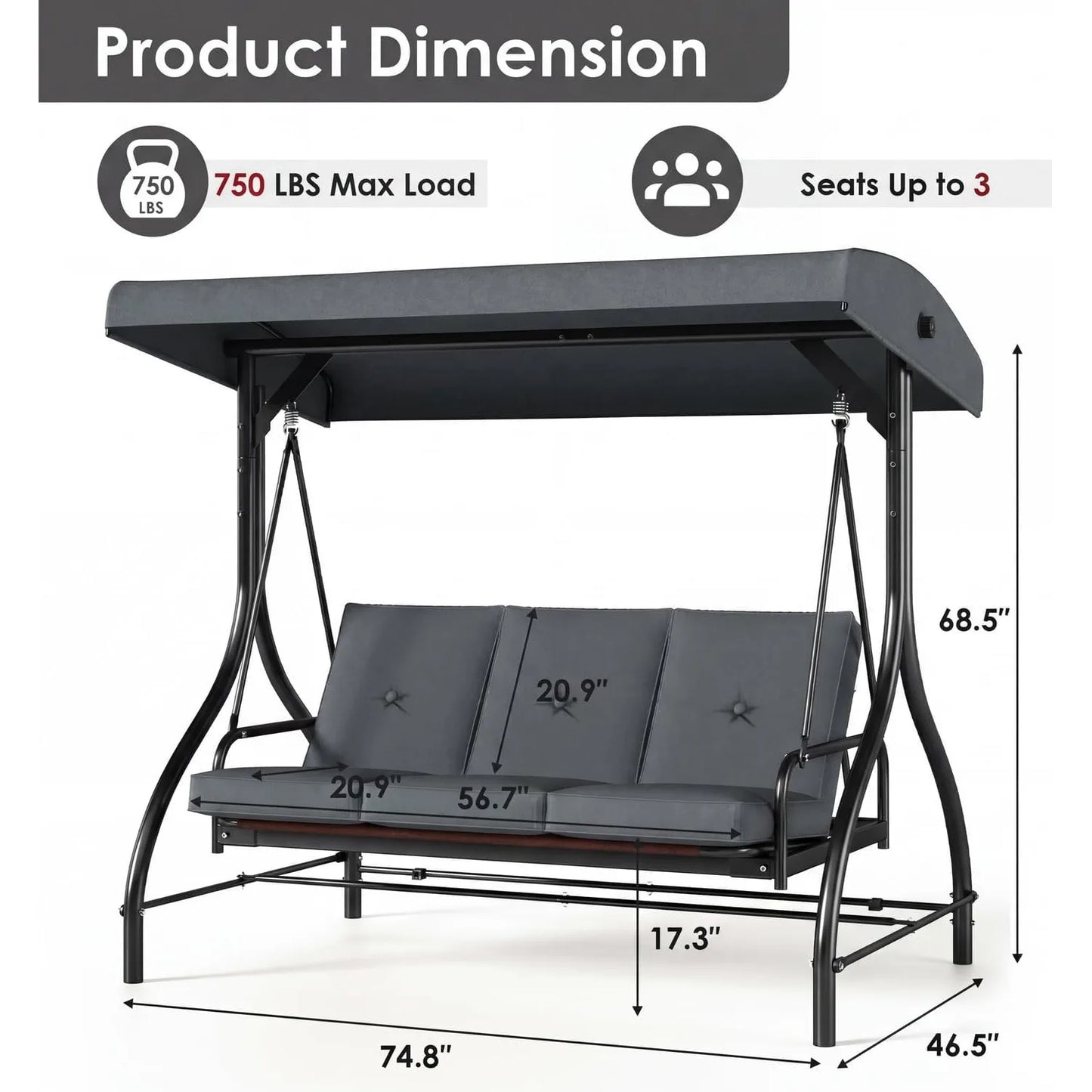 3-Seat Patio Swing with Adjustable Canopy & Backrest, Outdoor Porch Swing Chair for Adults