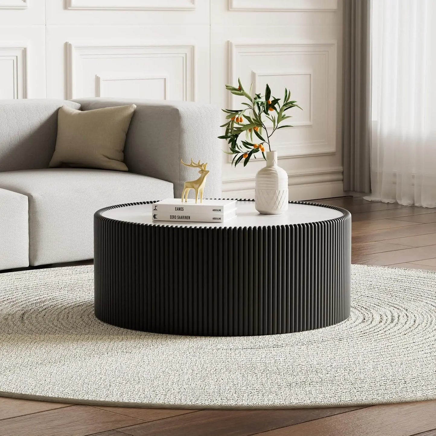 Round Grey 2-Piece Coffee Table Set 29.5in & 17.7in Sintered Stone Top Fluted PU Leather Base Living Room, Customized