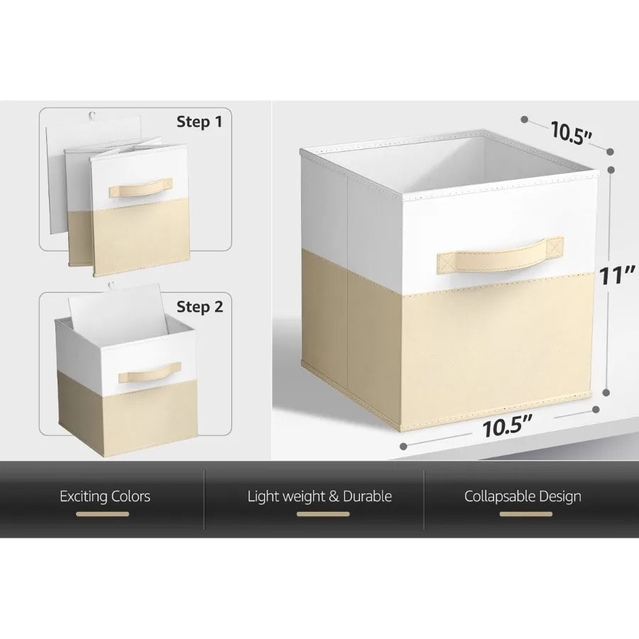 11 Foldable Storage Cubes 6-Pack Beige White Fabric Bins for Closet Shelves Cubby Organizer Collapsible Cloth Baskets Home Orga