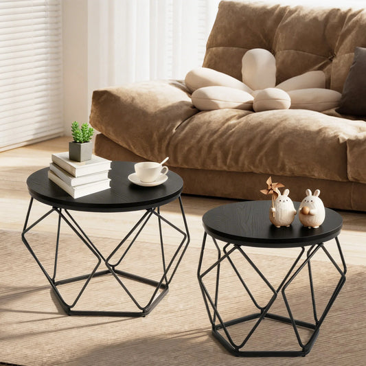 20IN Round Geometric Coffee Table Set of 2 Movable End Tables for Living Room Nesting Side Tables with Hidden Storage
