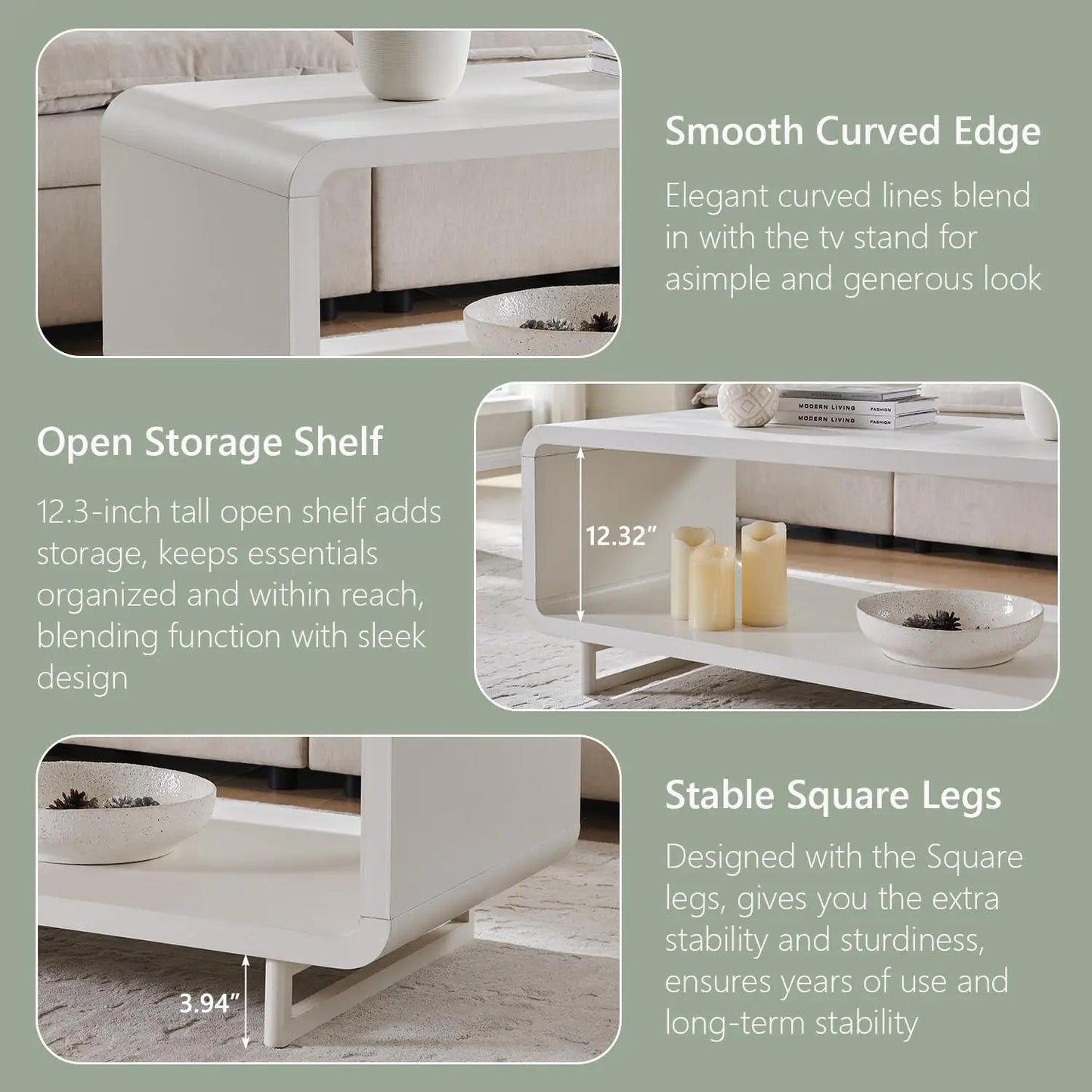 48" Modern Coffee Table, 2-Tier Minimalist Center Table with Storage Shelf, Curved Profile Design, Wooden, Customized