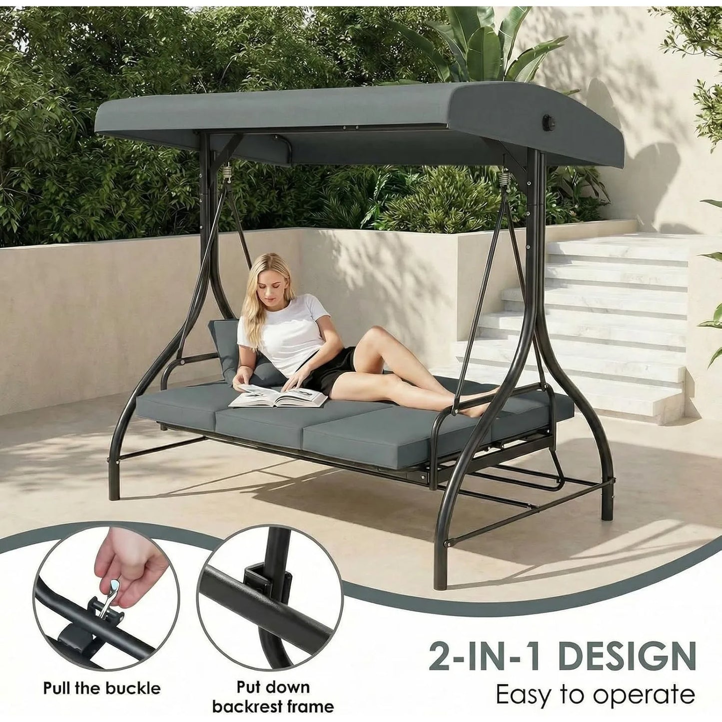 3-Seat Patio Swing with Adjustable Canopy & Backrest, Outdoor Porch Swing Chair for Adults