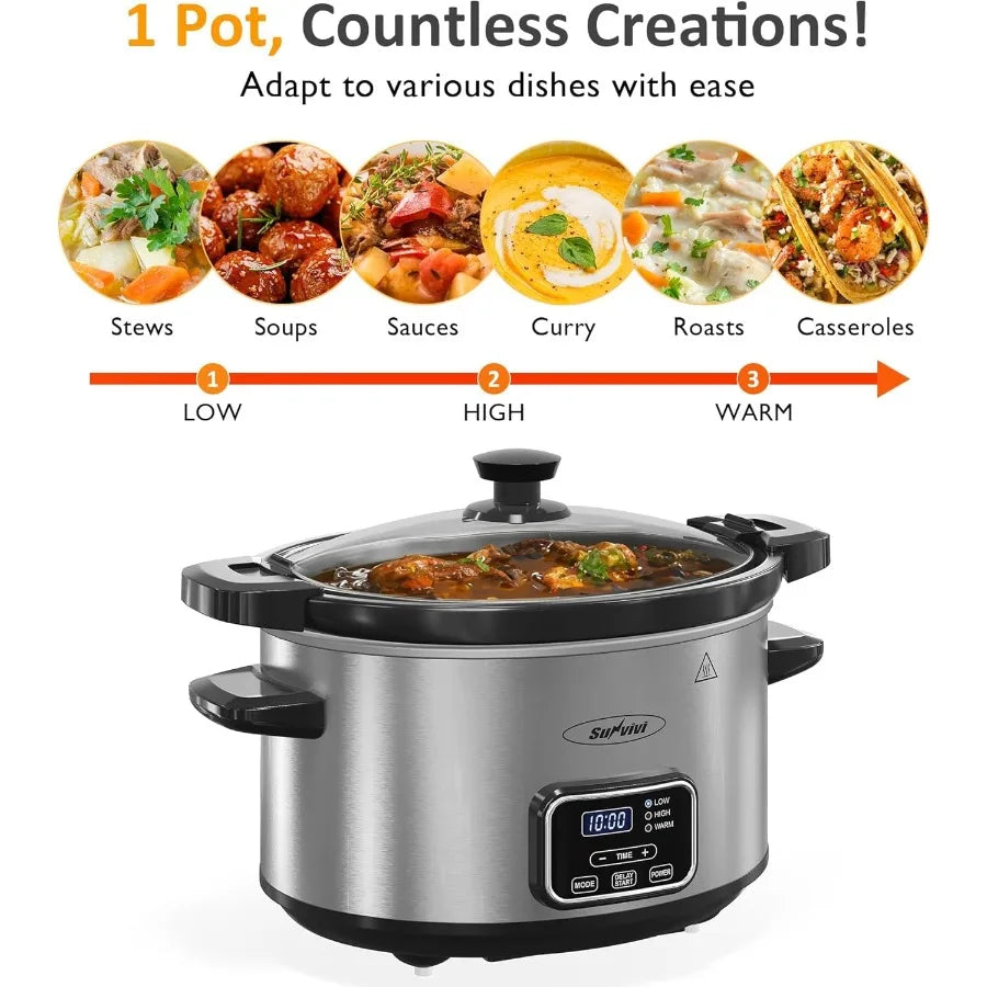 4qt Programmable Slow Cooker with Locking Lid and Removable Ceramic Pot for Extended Cooking Offers 3 Heating Settings and Prec