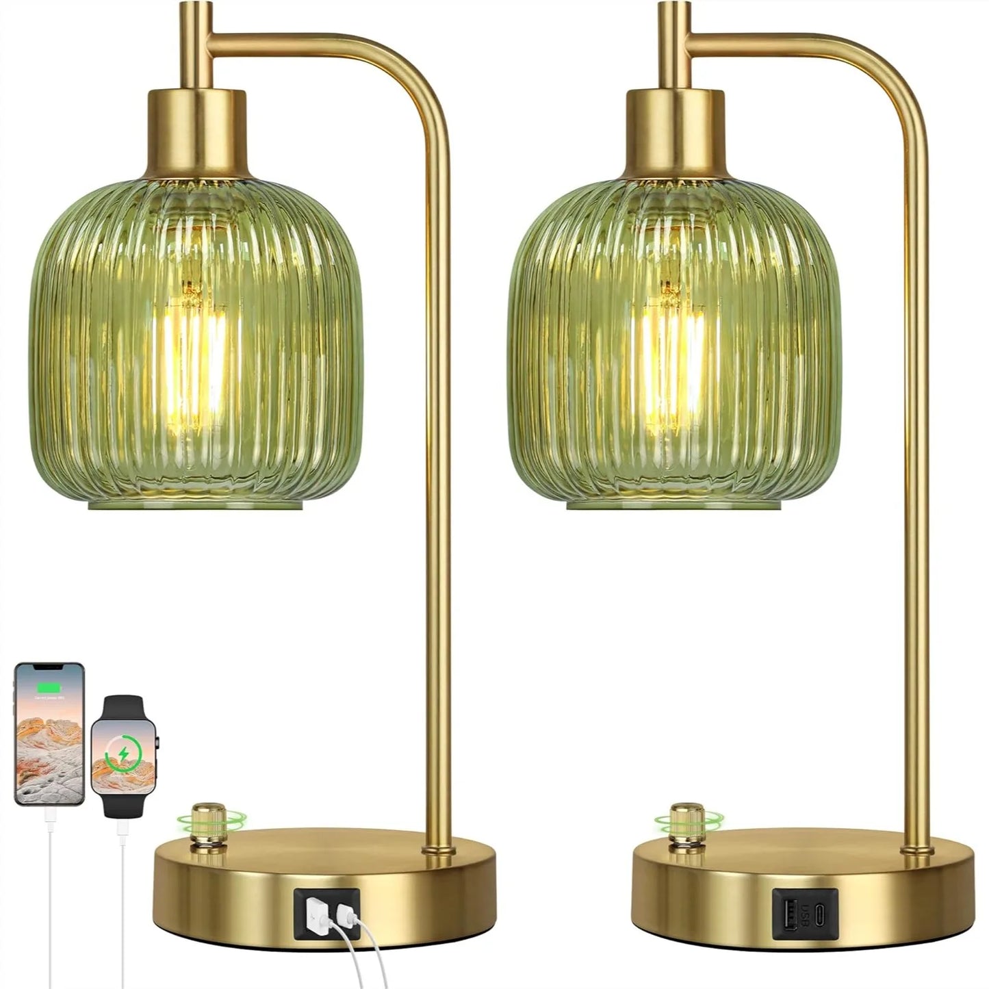 Industrial Table Lamp Set of 2, Green Glass Bedside Lamps with USB A&C Ports, Stepless Dimmable Gold Nightstand Lamps for Living
