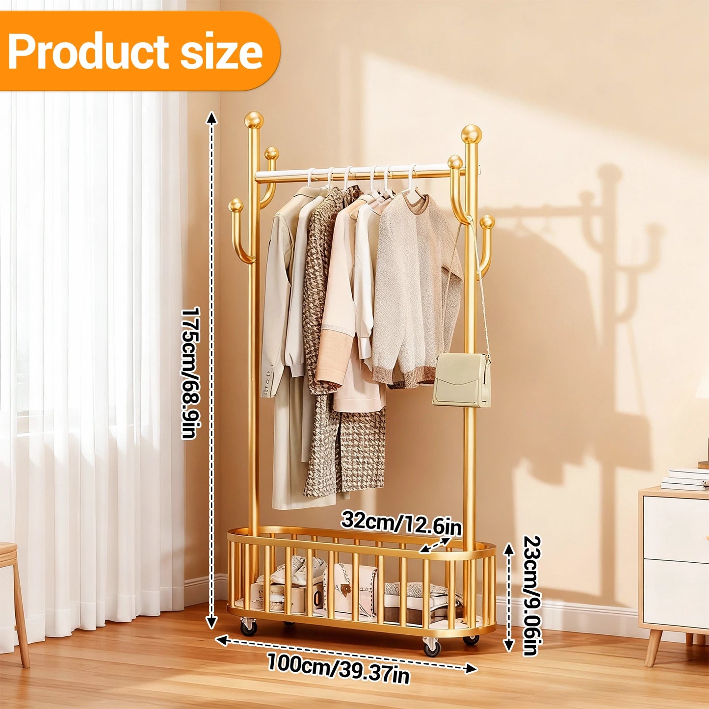 Clothes Rail Movable Clothes Hanging Coat Rack with Storage Basket for Hanging Clothes Coats Dresses for Bedroom Closet Laundry