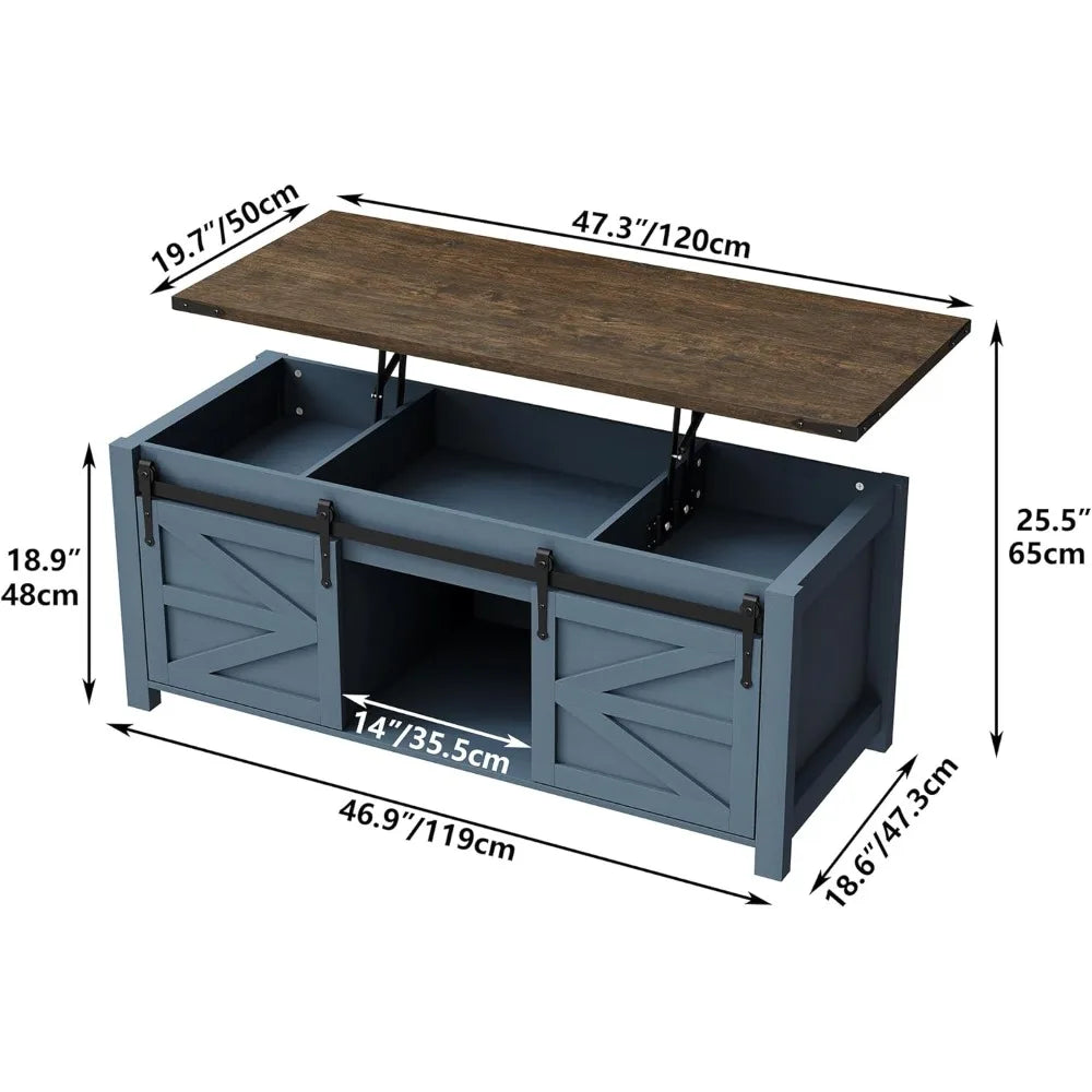 47.3-inch Farmhouse-style Coffee Table with Sliding Barn Door, Modern Wooden Height-adjustable Coffee Table,Customizable