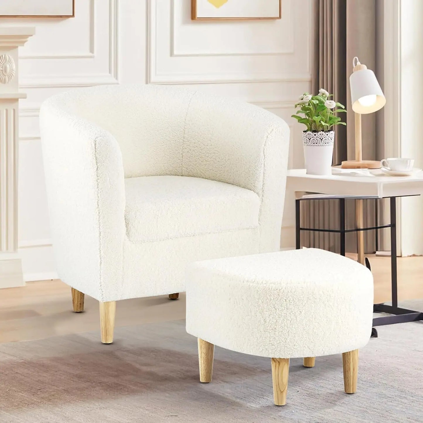 Mid Century Accent Chair & Ottoman Small Barrel Armchair with Footrest for Living Room Bedroom Linen Fabric Wood Legs, Customize