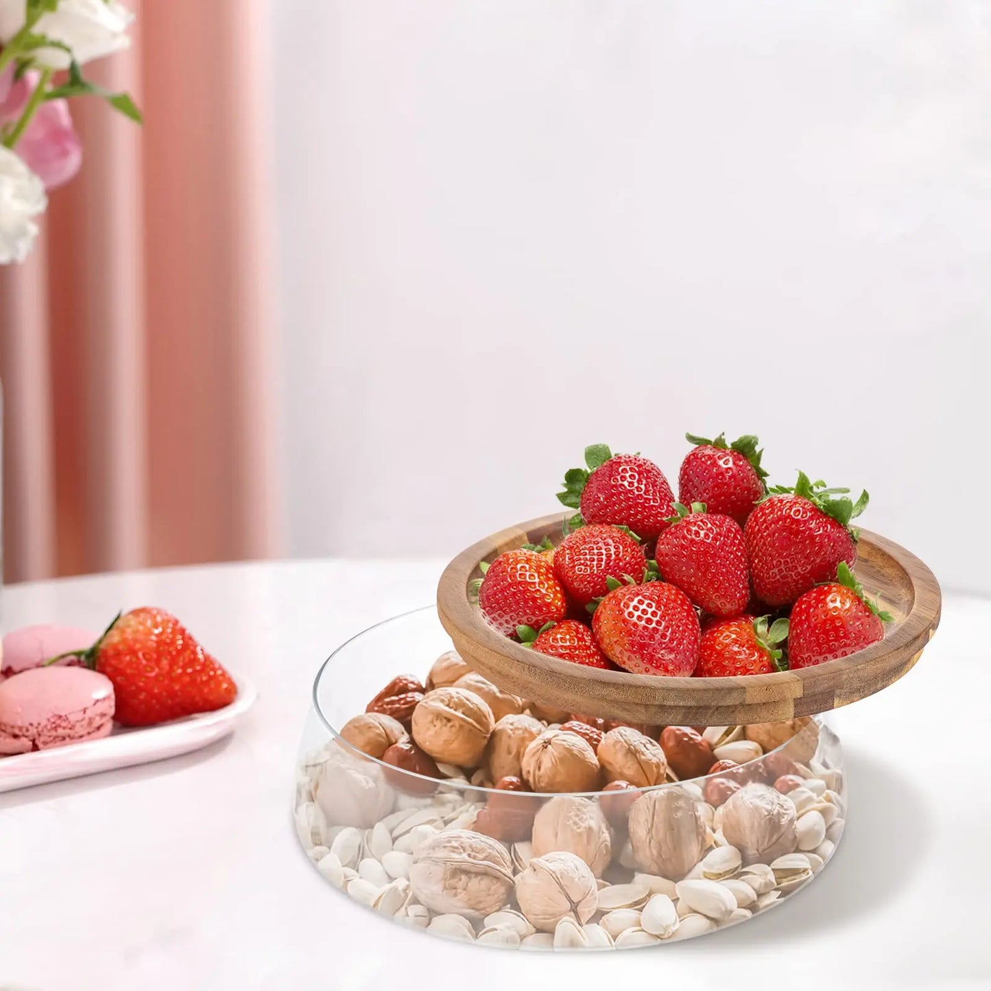 Glass Bowl, Candy and Nuts Serving Container with Wooden Lid, Round Food Storage Platter Round Multifunctional Snack Serving Tra