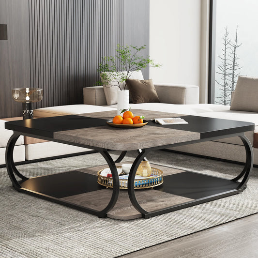 Square Coffee Table with 2 Tiers, 40 inches Low Farmhouse Coffee Table with Wood Storage Shelf Heavy Duty Metal Curve