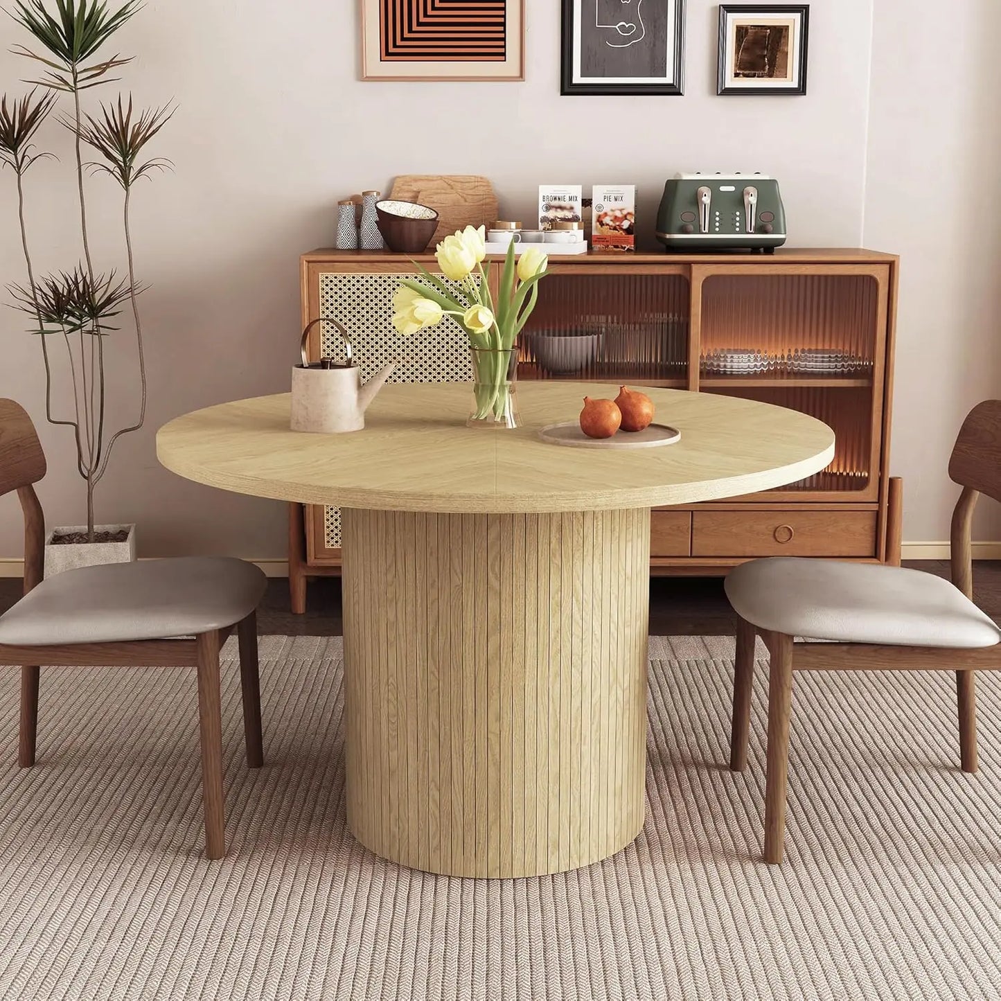 43"-59" Extendable Round to Oval Dining Table with Hidden Storage, Modern Wooden Kitchen Table with Fluted Sliding Door, Custom