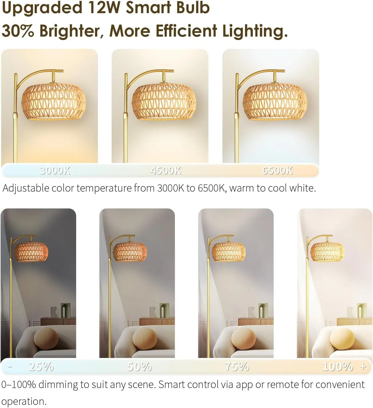 Dimmable Boho Rattan Floor Lamp, 2700K-6000K, 2-in-1 Shade, Adjustable 165-172cm